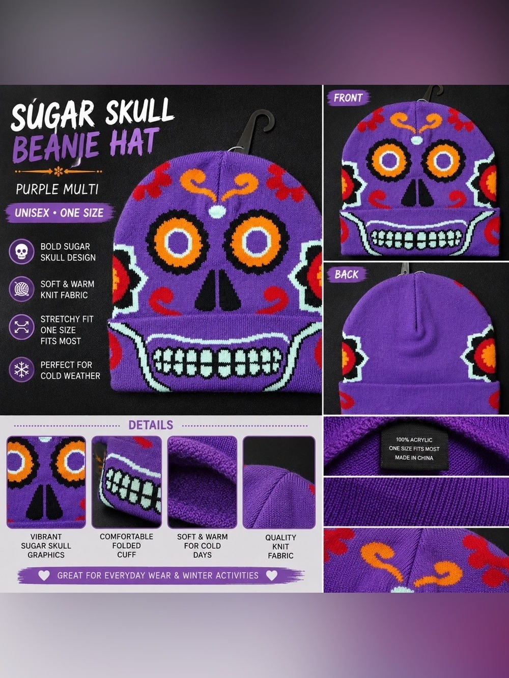 Sugar Skull Purple Knit Beanie Hat Day of the Dead One Size